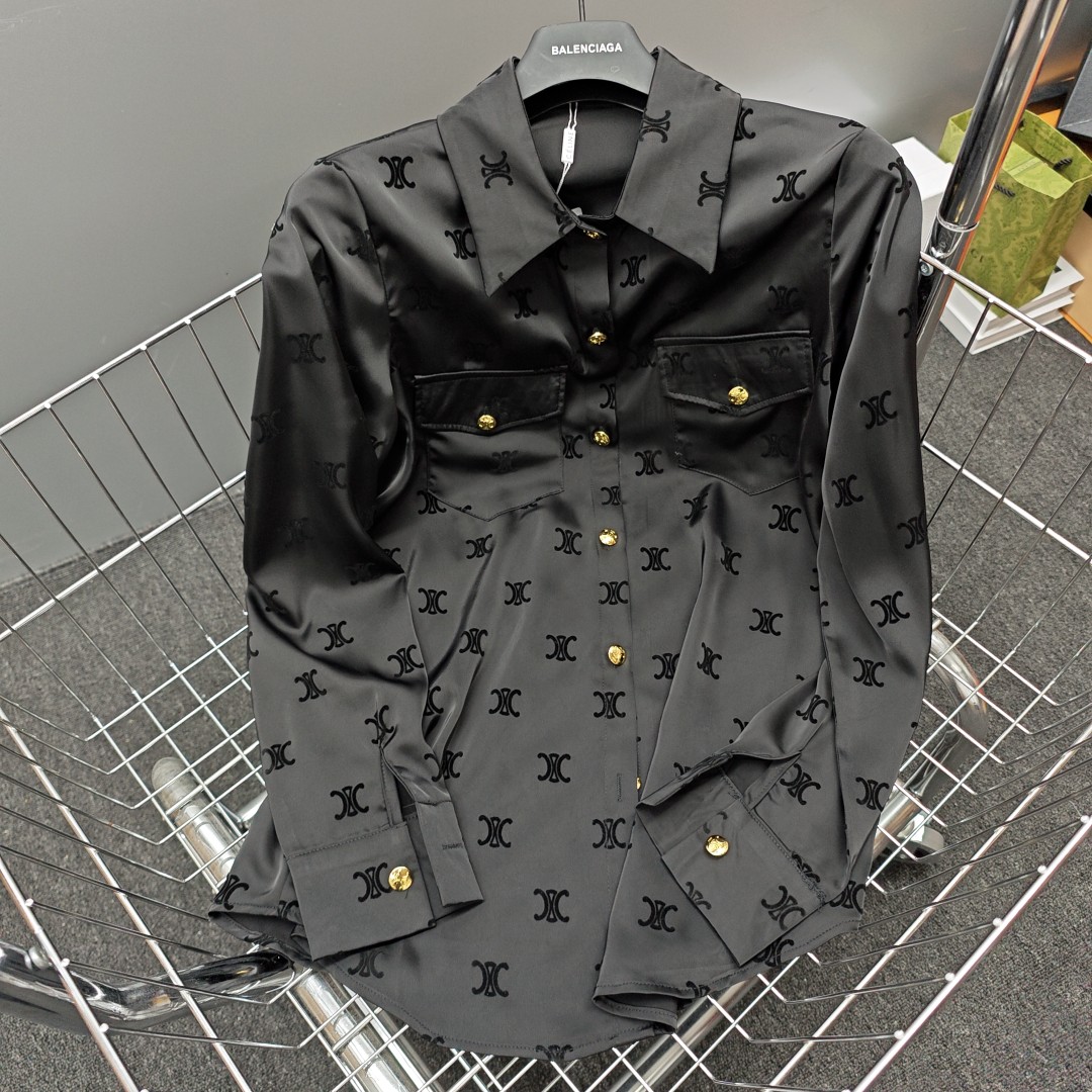 C-E Arc de Triomphe High Edition Satin Flocking logo Shirt 2024 Spring and Autumn New Design Sense Minority Shirt Long Sleeve Western Style Shirt