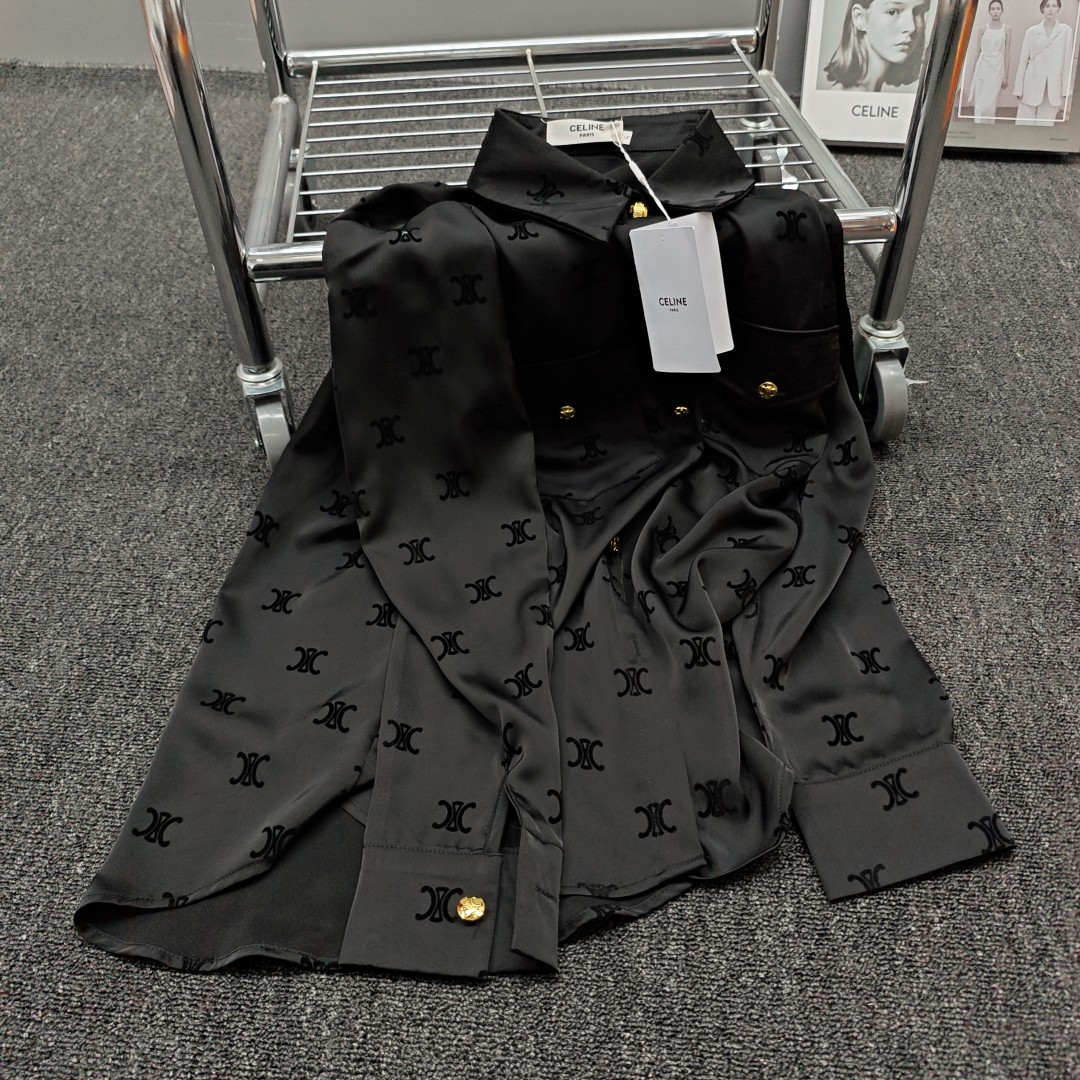 C-E Arc de Triomphe High Edition Satin Flocking logo Shirt 2024 Spring and Autumn New Design Sense Minority Shirt Long Sleeve Western Style Shirt