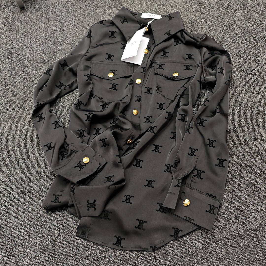 C-E Arc de Triomphe High Edition Satin Flocking logo Shirt 2024 Spring and Autumn New Design Sense Minority Shirt Long Sleeve Western Style Shirt