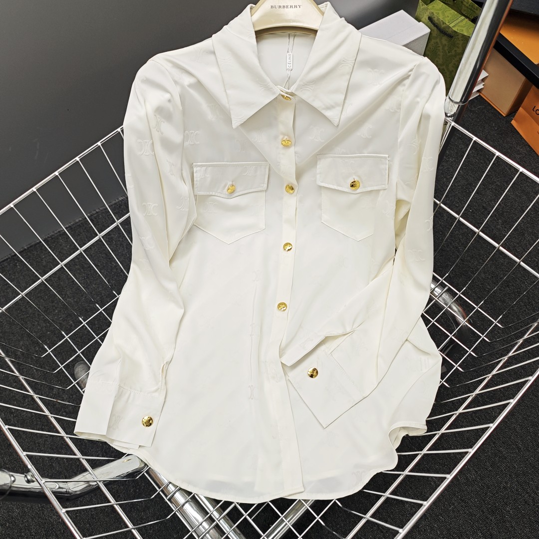 C-E Arc de Triomphe High Edition Satin Flocking logo Shirt 2024 Spring and Autumn New Design Sense Minority Shirt Long Sleeve Western Style Shirt