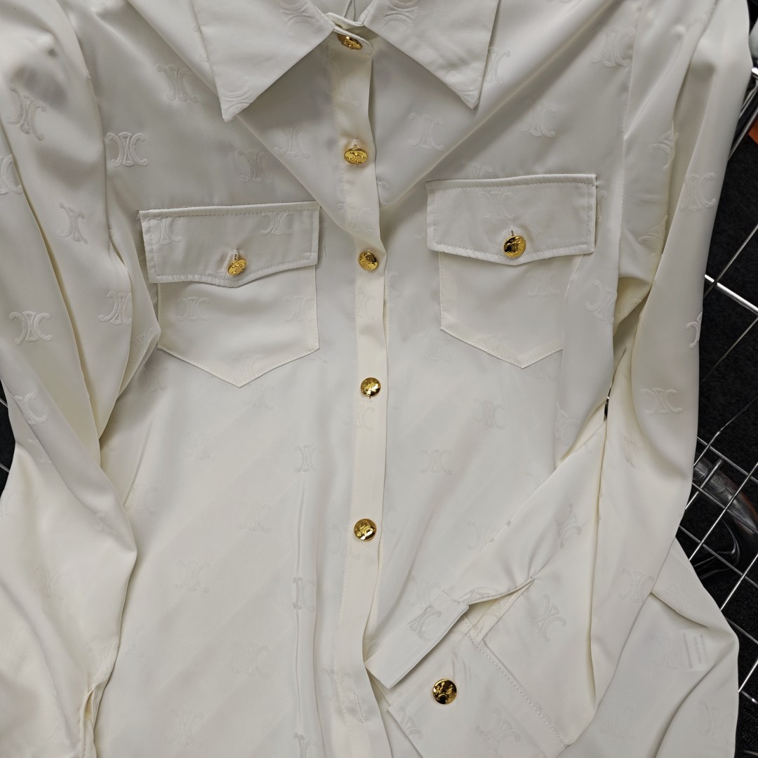 C-E Arc de Triomphe High Edition Satin Flocking logo Shirt 2024 Spring and Autumn New Design Sense Minority Shirt Long Sleeve Western Style Shirt