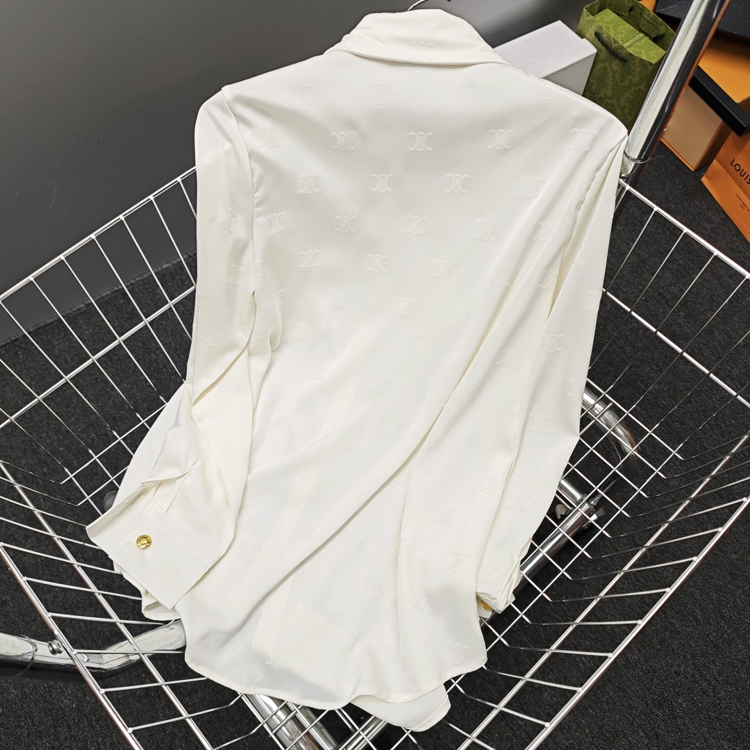 C-E Arc de Triomphe High Edition Satin Flocking logo Shirt 2024 Spring and Autumn New Design Sense Minority Shirt Long Sleeve Western Style Shirt