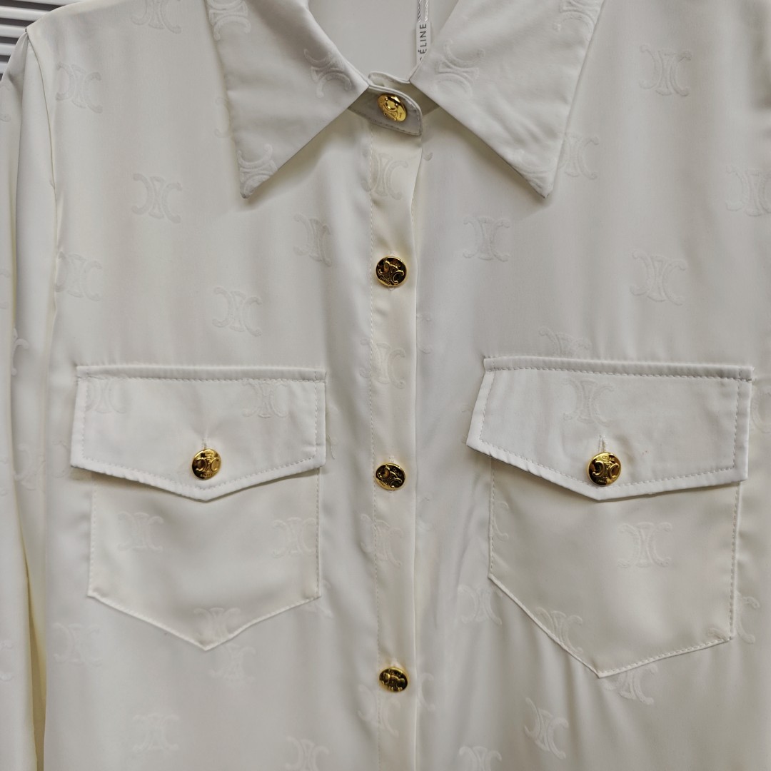 C-E Arc de Triomphe High Edition Satin Flocking logo Shirt 2024 Spring and Autumn New Design Sense Minority Shirt Long Sleeve Western Style Shirt