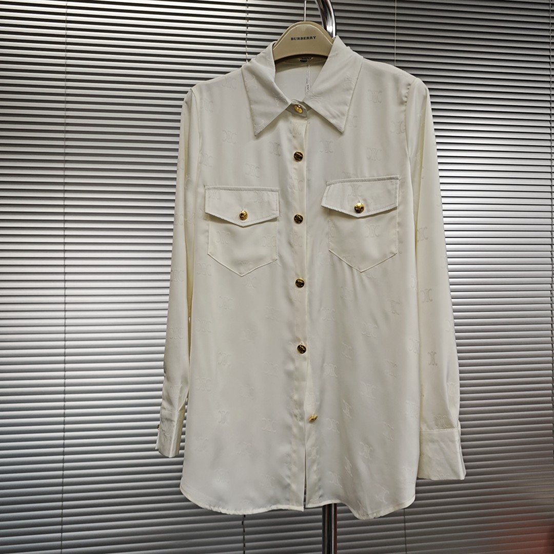 C-E Arc de Triomphe High Edition Satin Flocking logo Shirt 2024 Spring and Autumn New Design Sense Minority Shirt Long Sleeve Western Style Shirt