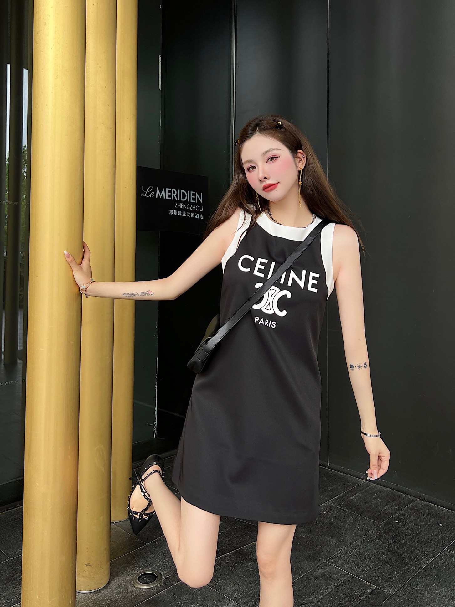 C-L New sleeveless dresses in summer: Collar and cuff contrast design/letter printing decoration/excellent version.