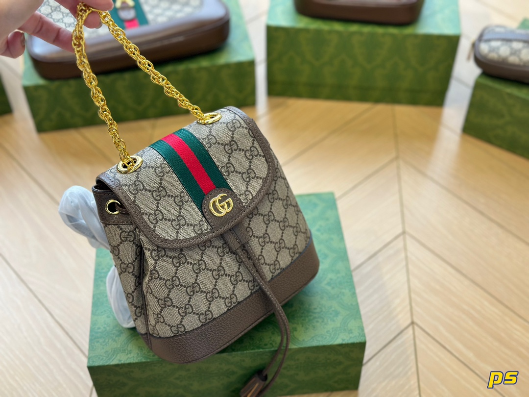 G-G mini backpack/backpack Beige and ebony GG with brown leather and adjustable shoulder strap.