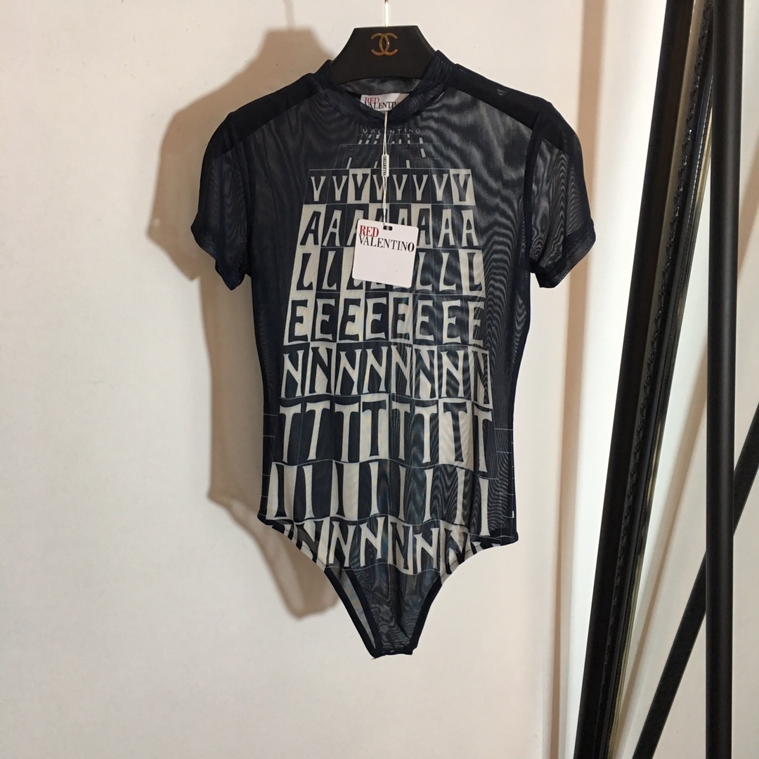 V-NO The new contrast letter printed mesh breathable slim slim one-piece tights Bodysuit,