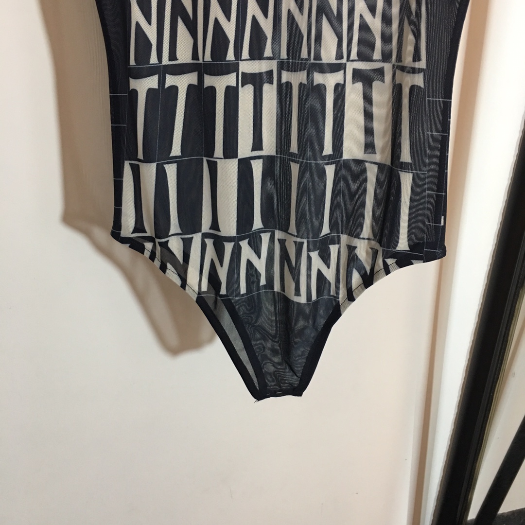 V-NO The new contrast letter printed mesh breathable slim slim one-piece tights Bodysuit,