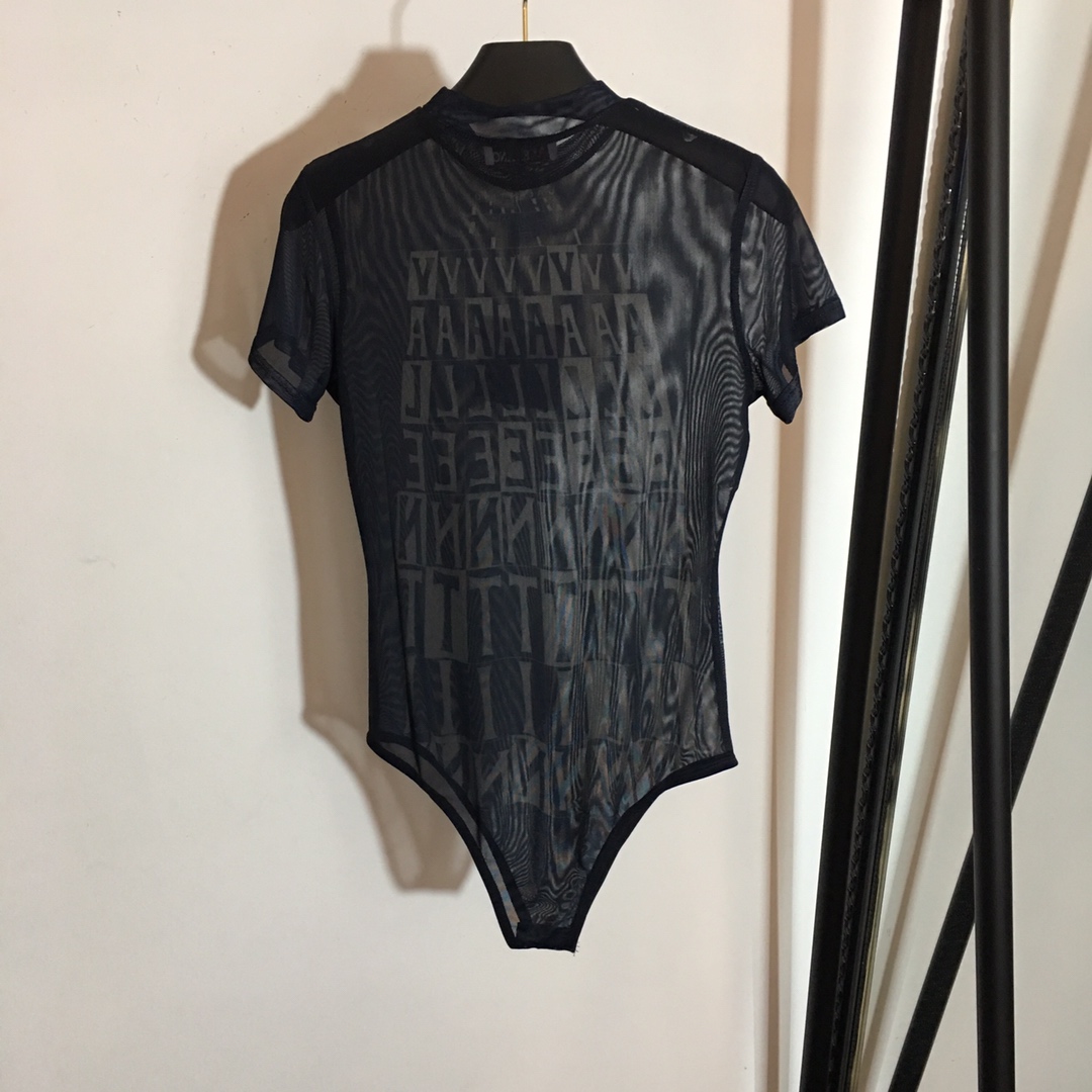 V-NO The new contrast letter printed mesh breathable slim slim one-piece tights Bodysuit,