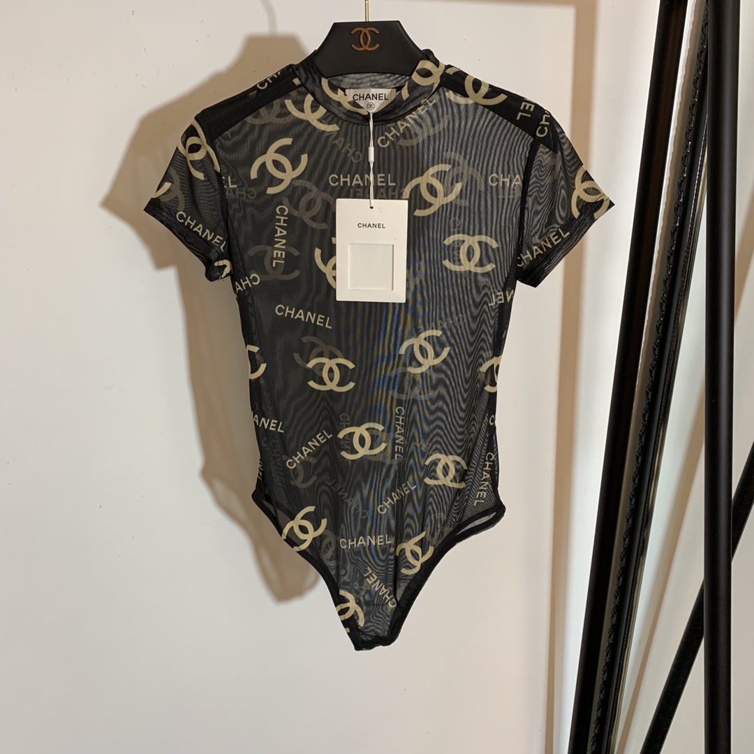 C-L New full-length logo letter printed gauze perspective short-sleeved one-piece tights Bodysuit