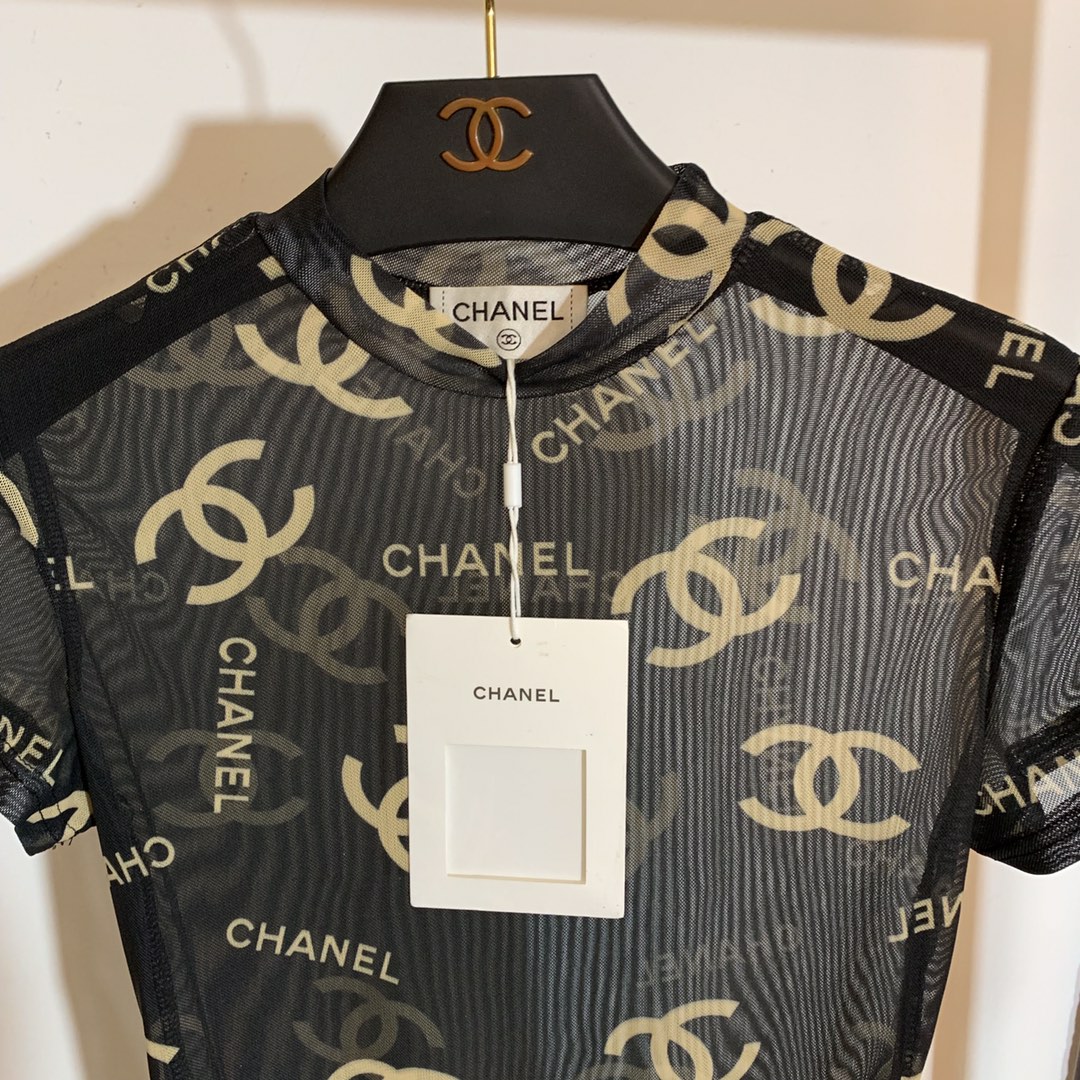 C-L New full-length logo letter printed gauze perspective short-sleeved one-piece tights Bodysuit