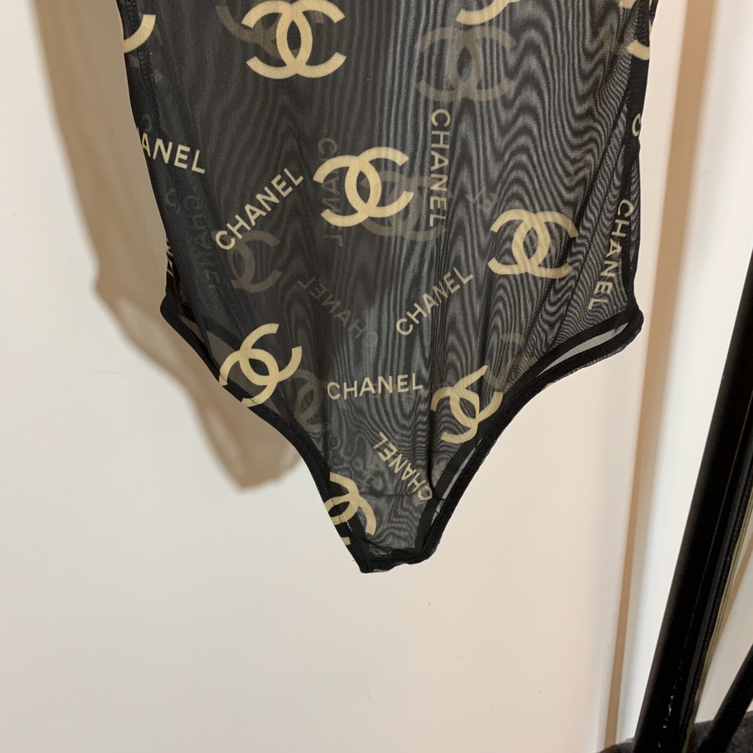 C-L New full-length logo letter printed gauze perspective short-sleeved one-piece tights Bodysuit