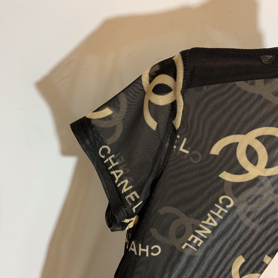 C-L New full-length logo letter printed gauze perspective short-sleeved one-piece tights Bodysuit