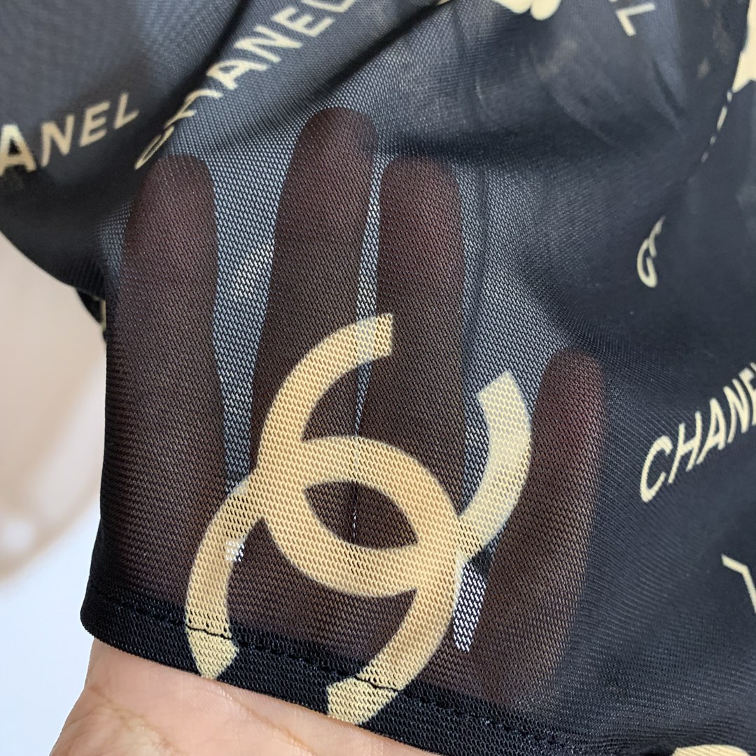 C-L New full-length logo letter printed gauze perspective short-sleeved one-piece tights Bodysuit