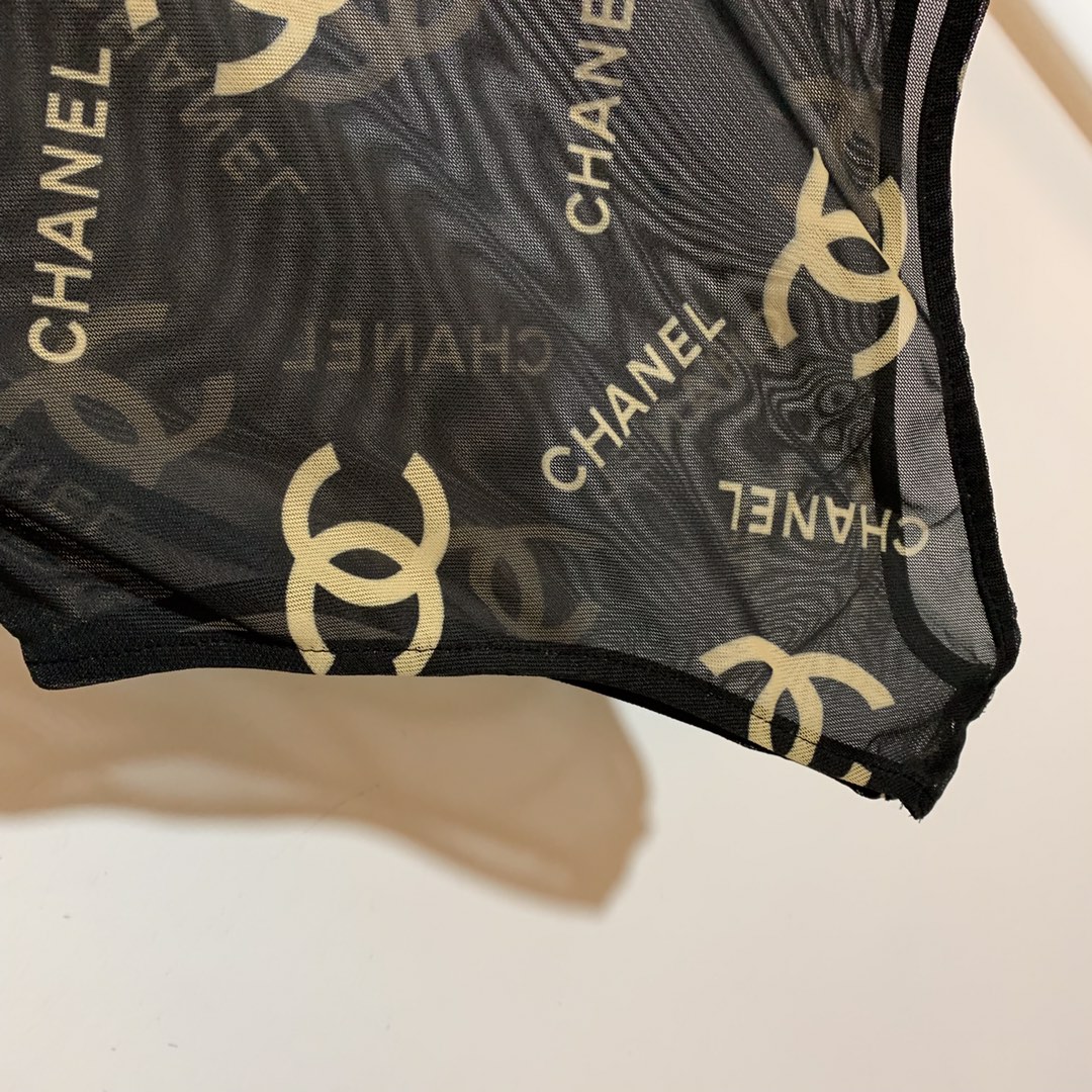 C-L New full-length logo letter printed gauze perspective short-sleeved one-piece tights Bodysuit