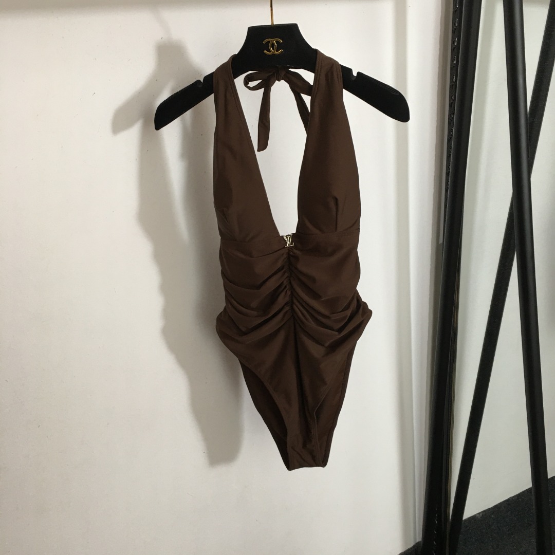 L-V New logo hardware decorative pleated waist neck strap one-piece swimsuit