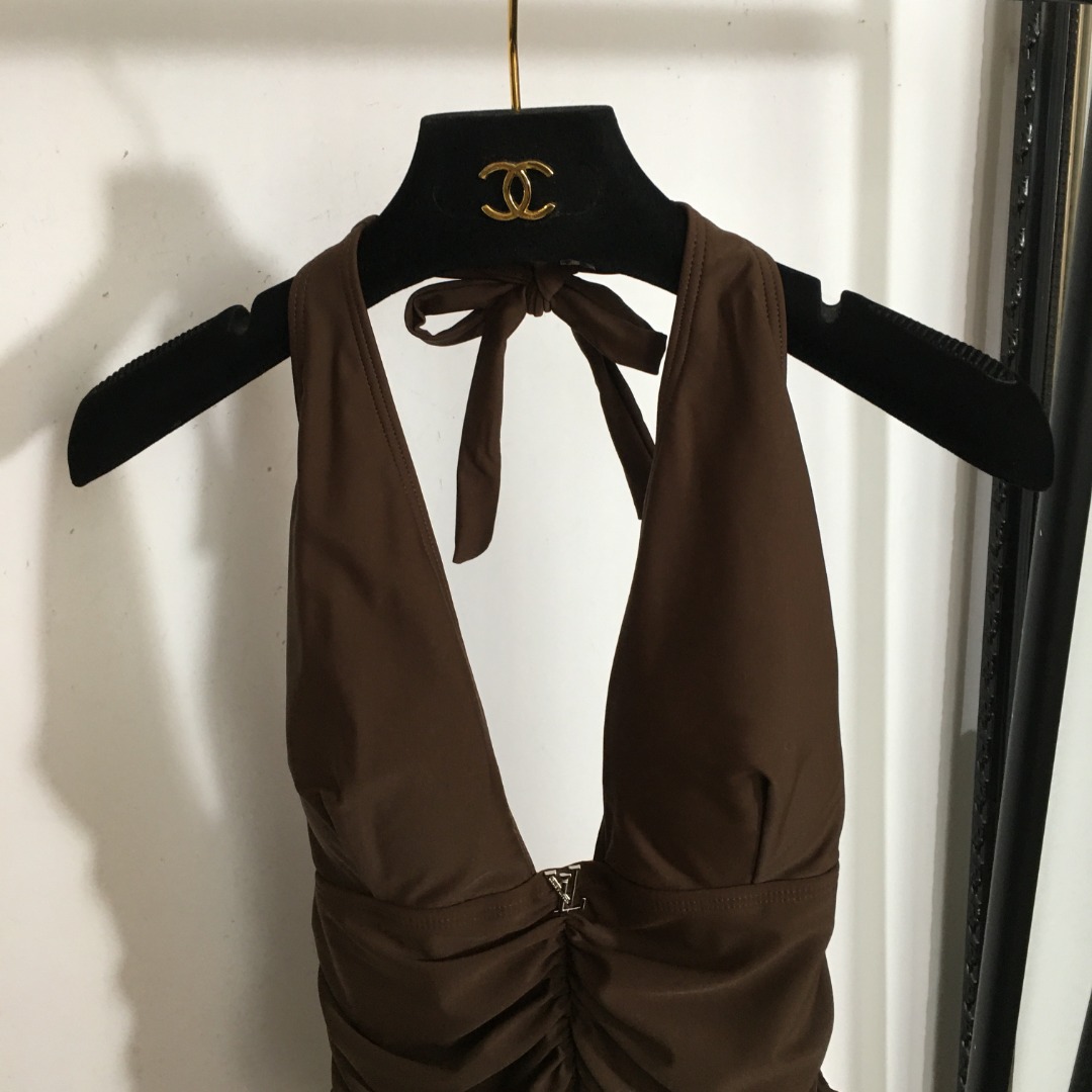 L-V New logo hardware decorative pleated waist neck strap one-piece swimsuit