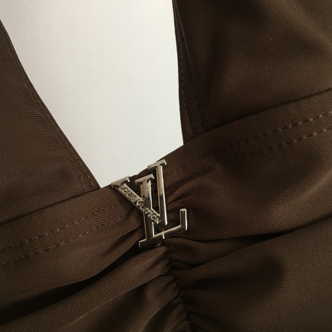 L-V New logo hardware decorative pleated waist neck strap one-piece swimsuit