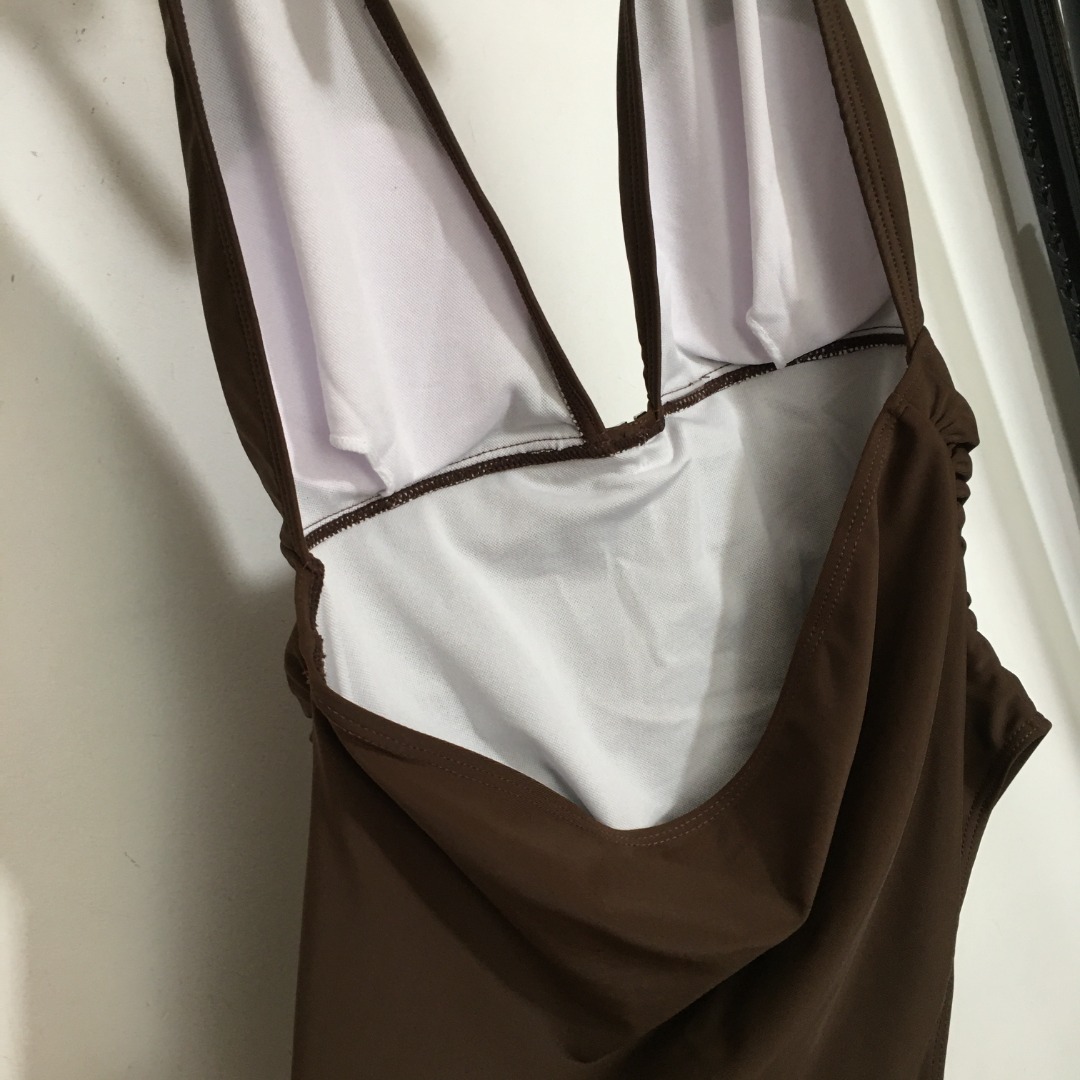 L-V New logo hardware decorative pleated waist neck strap one-piece swimsuit