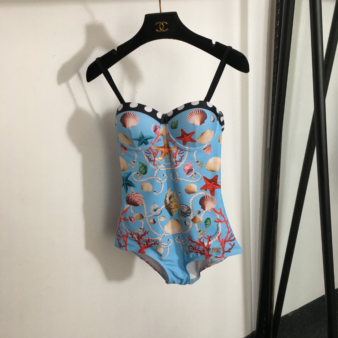 D-G New Sicilian holiday style underwater biological shell polka-dot printed sling one-piece swimsuit