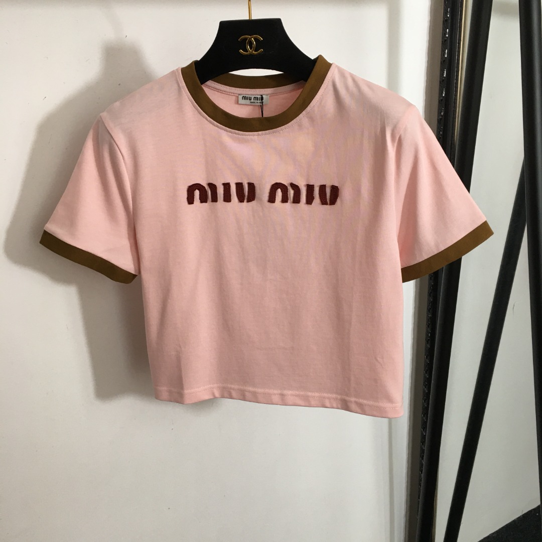 MIU New embroidered letter patch short navel short sleeve T-shirt