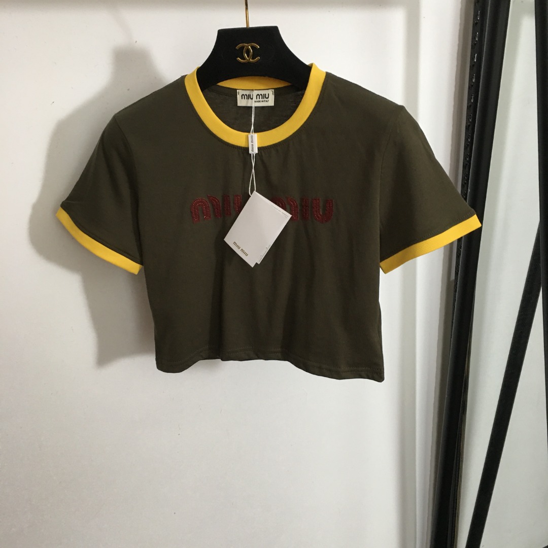 MIU New embroidered letter patch short navel short sleeve T-shirt