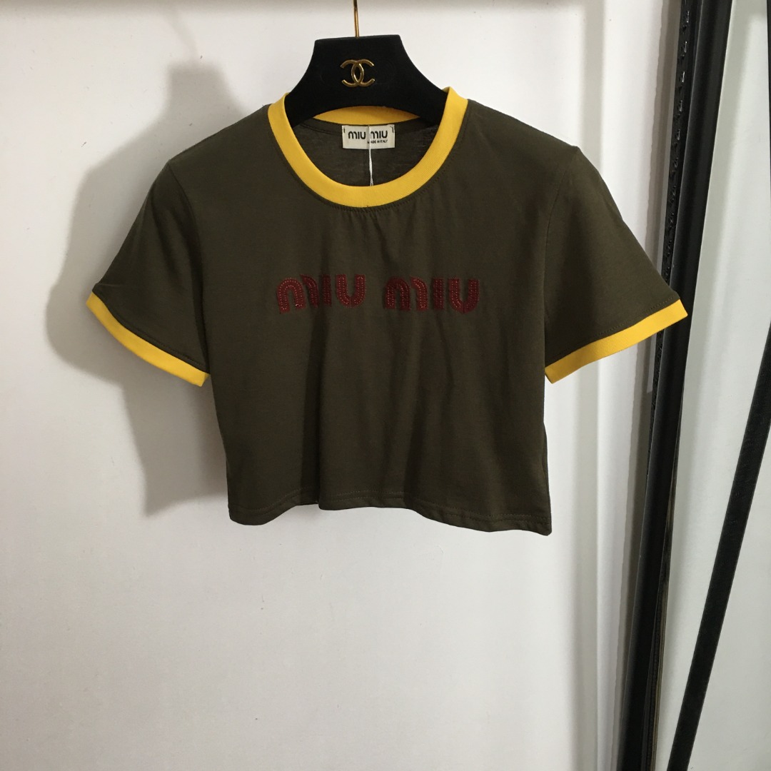 MIU New embroidered letter patch short navel short sleeve T-shirt