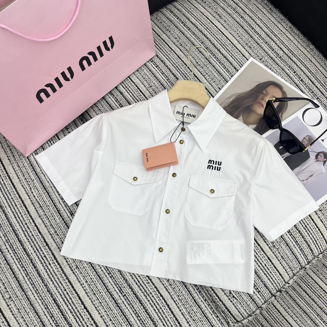 MIU New lapel short sleeve shirt embroidered letters embellished SML