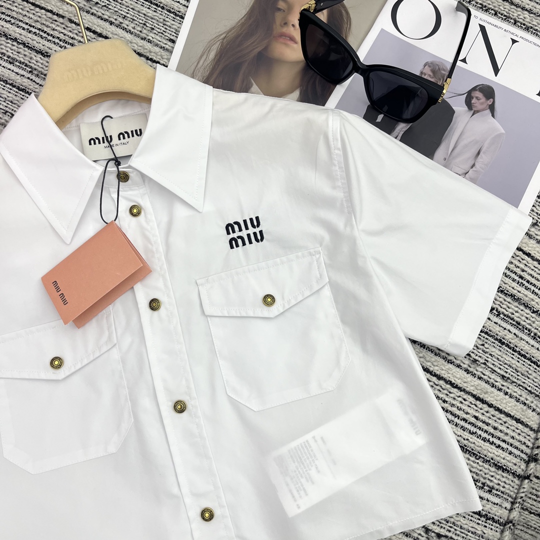 MIU New lapel short sleeve shirt embroidered letters embellished SML