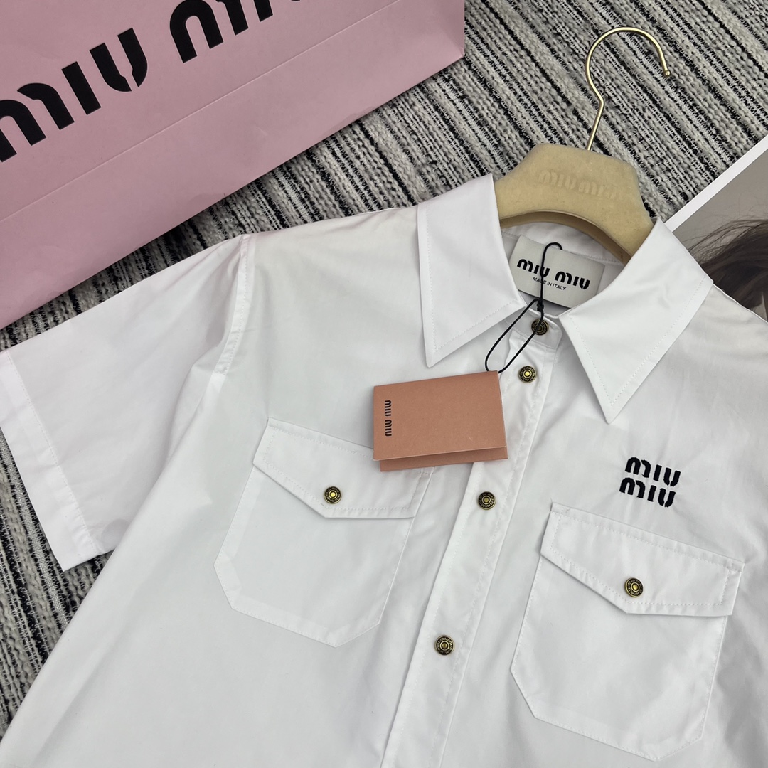MIU New lapel short sleeve shirt embroidered letters embellished SML