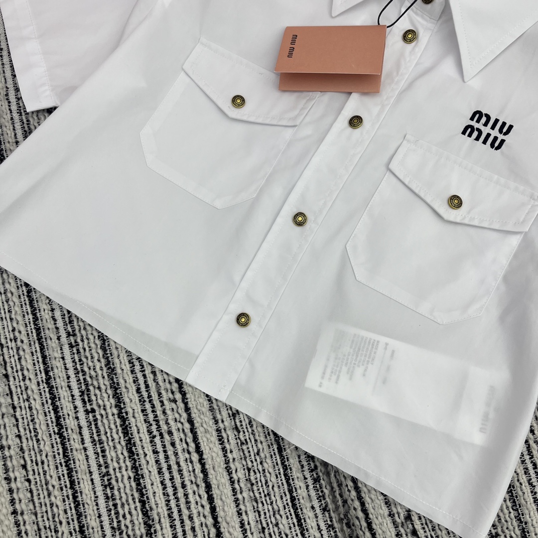 MIU New lapel short sleeve shirt embroidered letters embellished SML