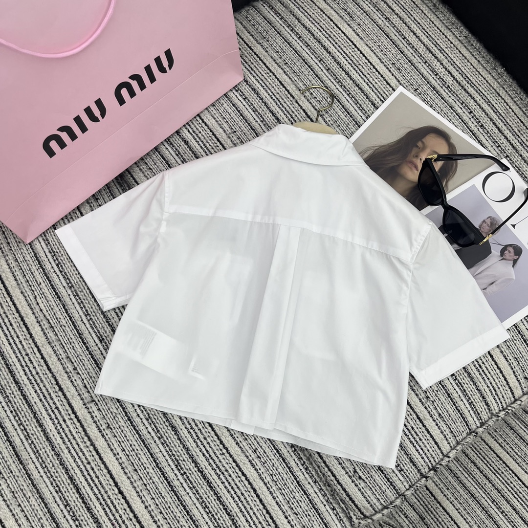 MIU New lapel short sleeve shirt embroidered letters embellished SML