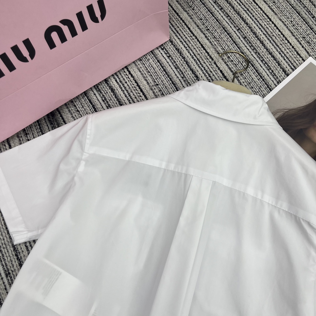 MIU New lapel short sleeve shirt embroidered letters embellished SML