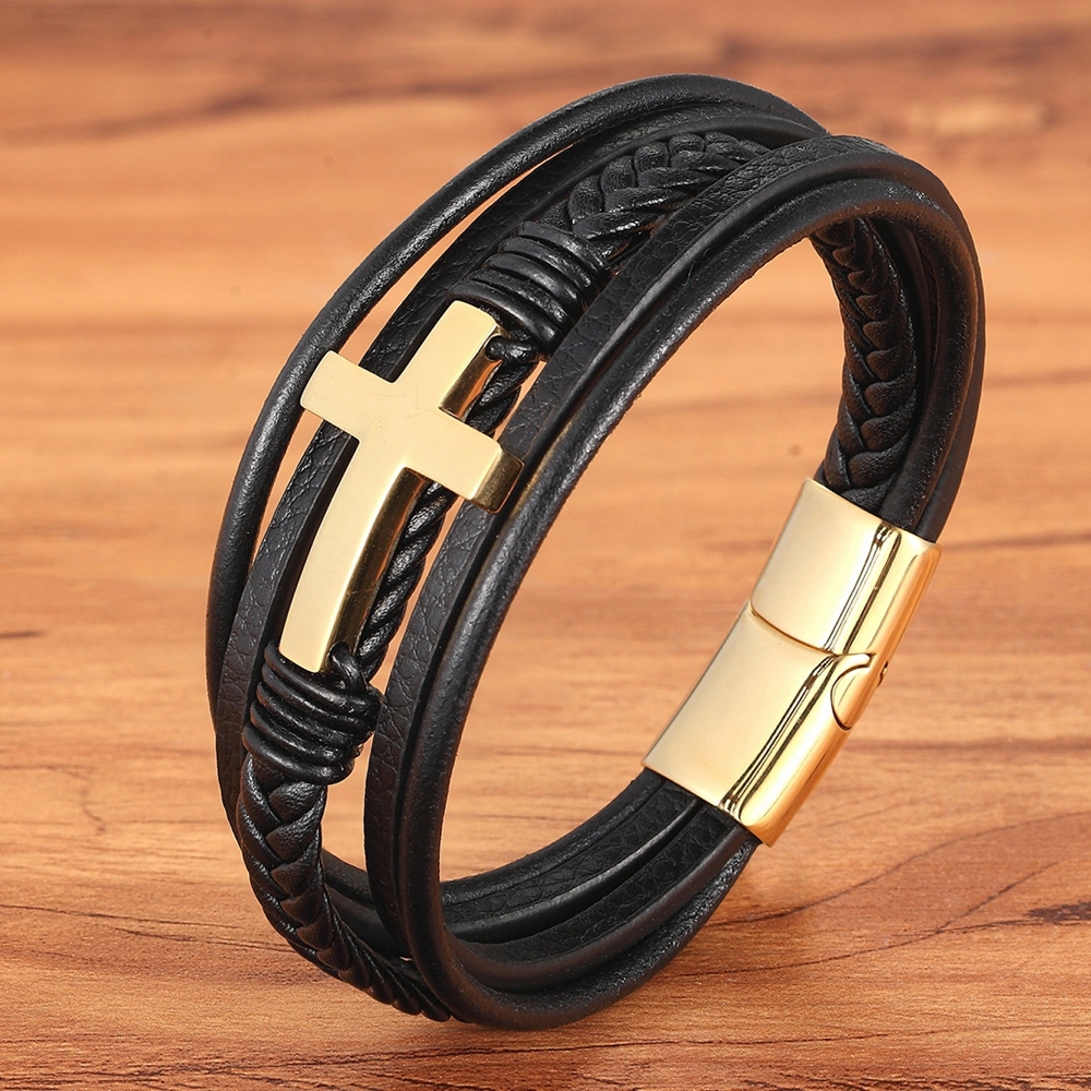 Luxury Multicolor Cross Design Classic Stainless Steel Men's PU Leather Bracelet