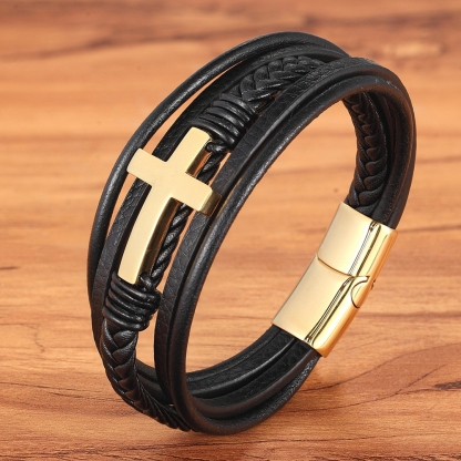 Luxury Multicolor Cross Design Classic Stainless Steel Men's PU Leather Bracelet