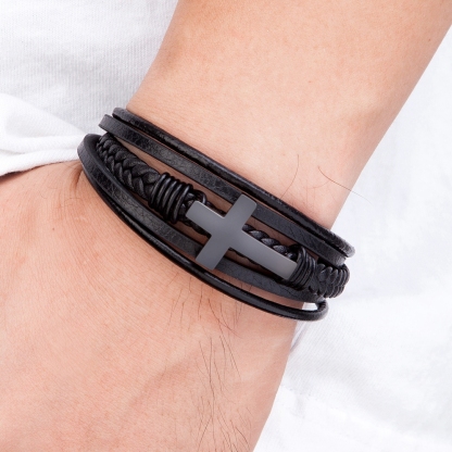 Luxury Multicolor Cross Design Classic Stainless Steel Men's PU Leather Bracelet
