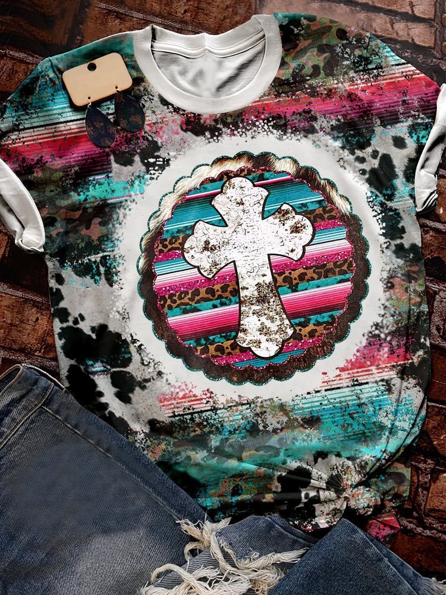 Red and blue leopard print cross graphic tee