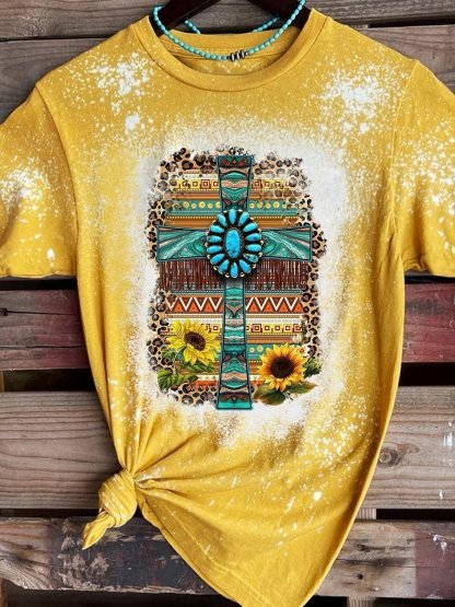 Leopard-print sunflower cross graphic tee
