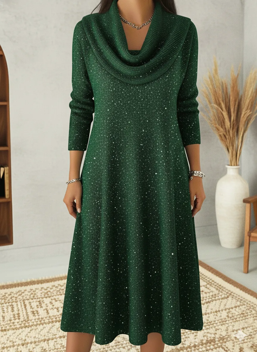 Elegant Christmas Cowl Neck Shiny A-line Midi Dress