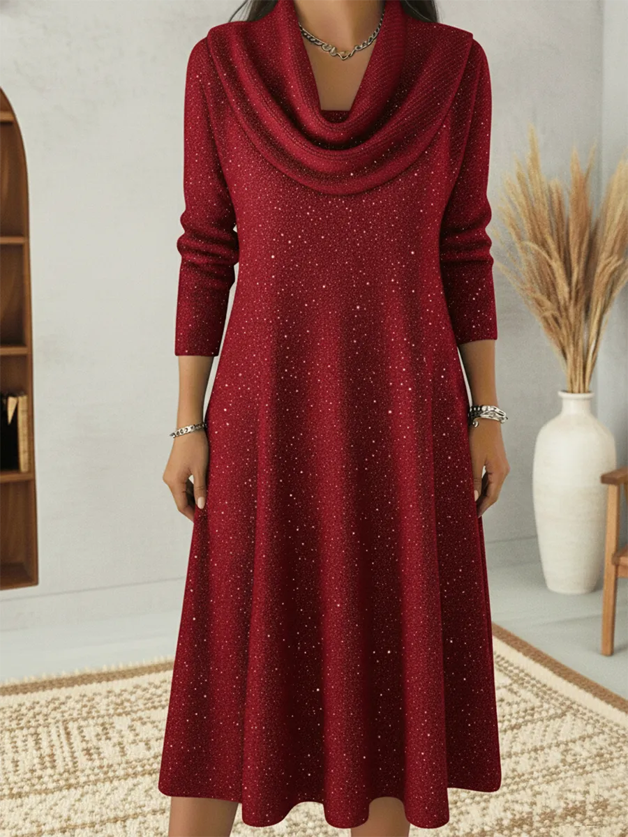 Elegant Christmas Cowl Neck Shiny A-line Midi Dress