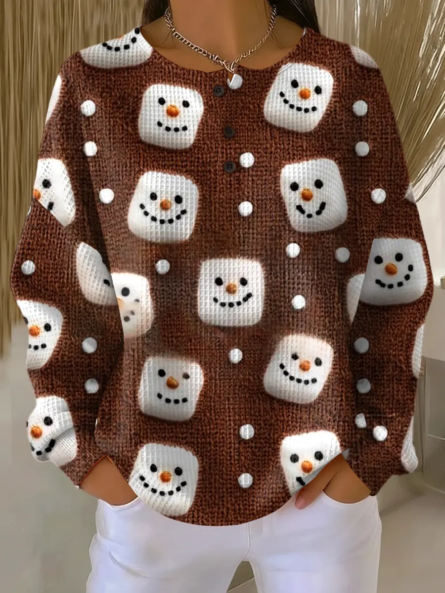 Women's Vintage Christmas Snowman Art Print Casual Cotton Waffle Sweatshirt