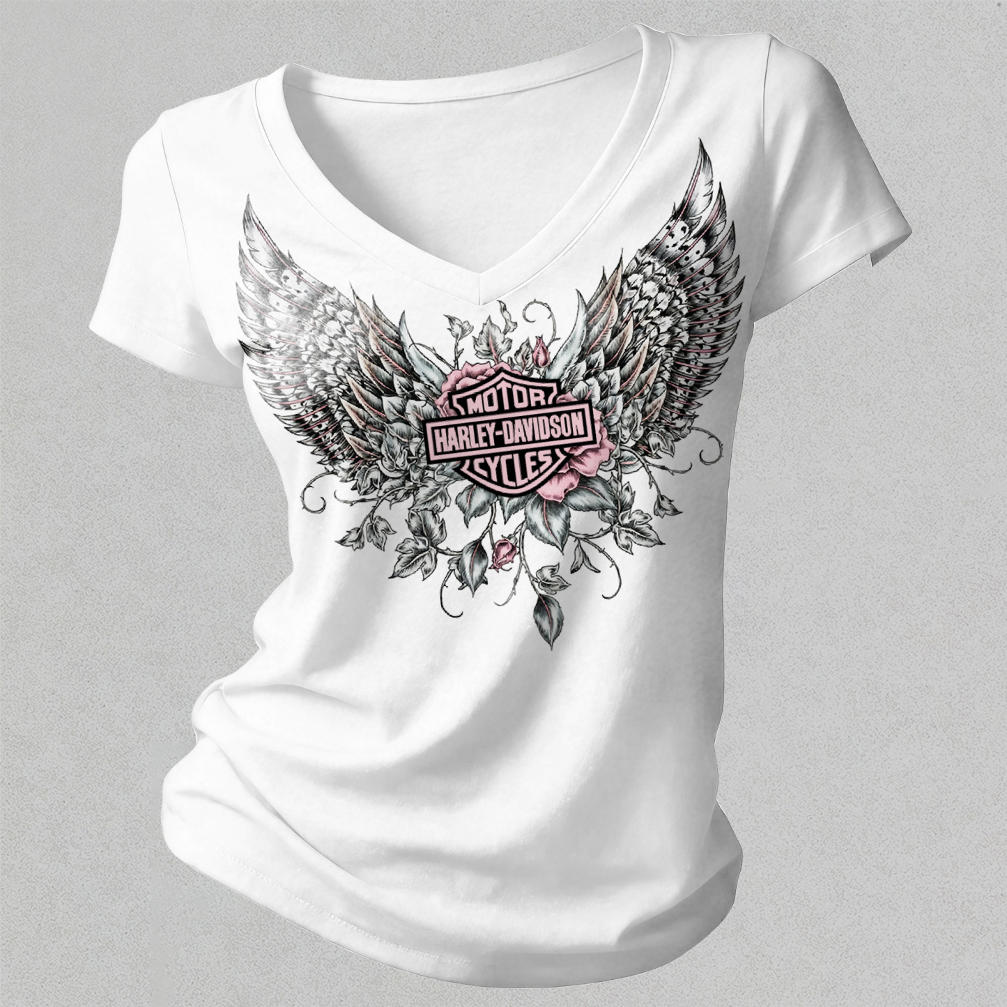  Motorcycles Printed Women's V-neck Pleated Waist Fitted T-shirt