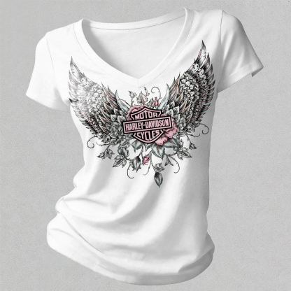  Motorcycles Printed Women's V-neck Pleated Waist Fitted T-shirt
