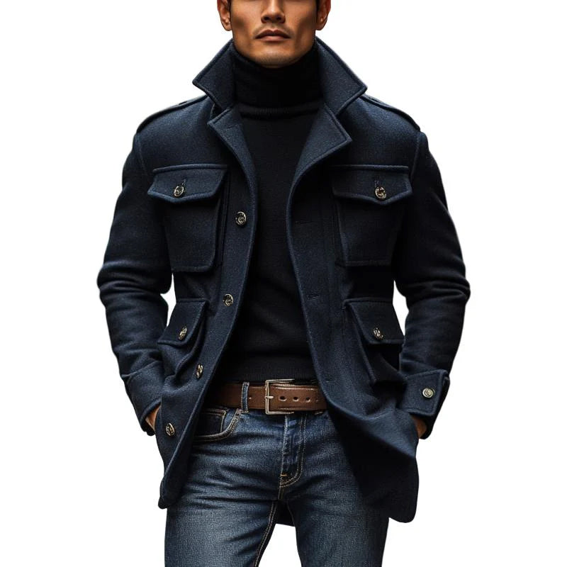 Men's Vintage Wool Blended Lapel 3D Pocket Single Breasted Slim Fit Coat 