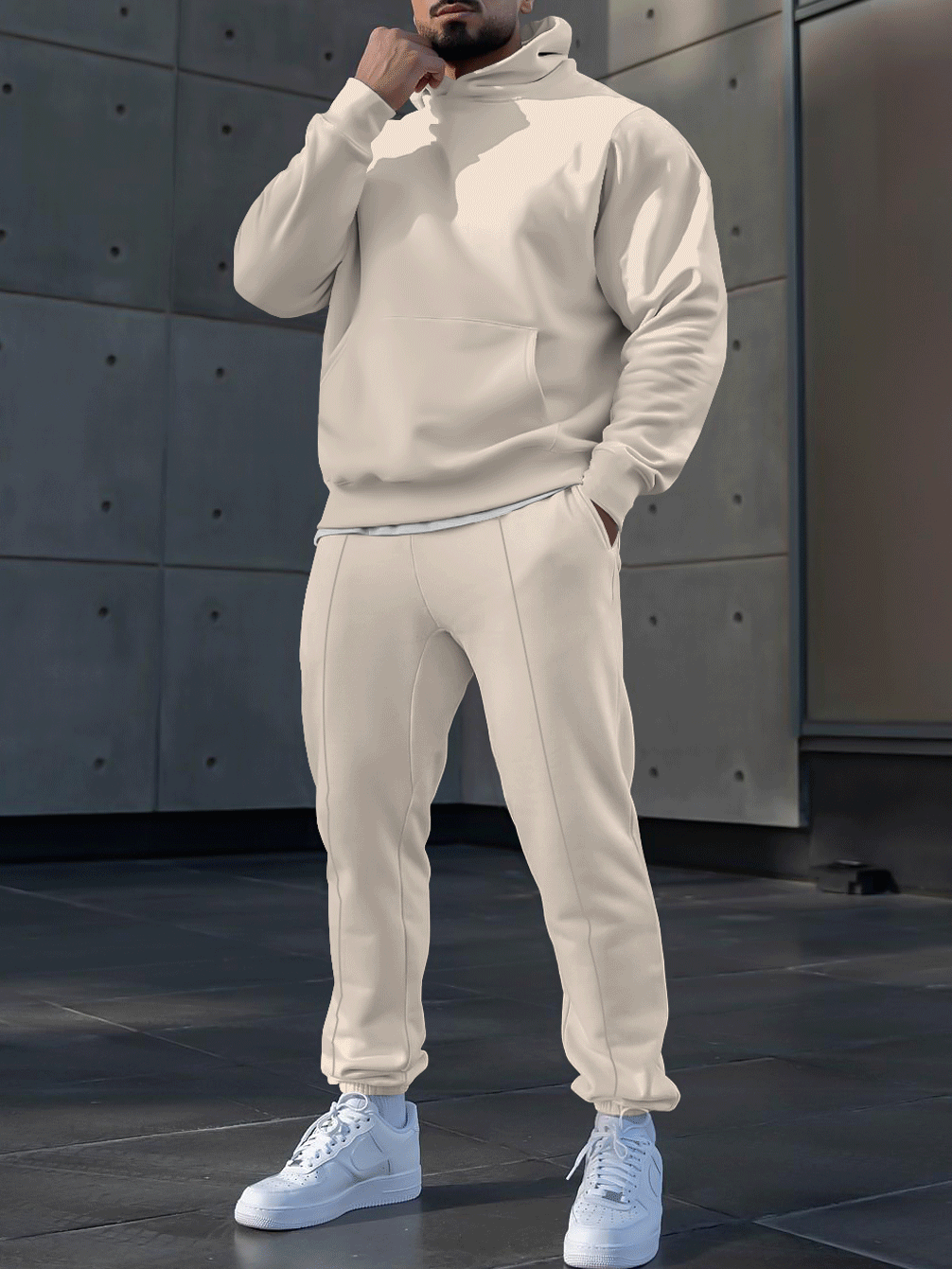 Men's fashion casual solid color hoodie two-piece set
