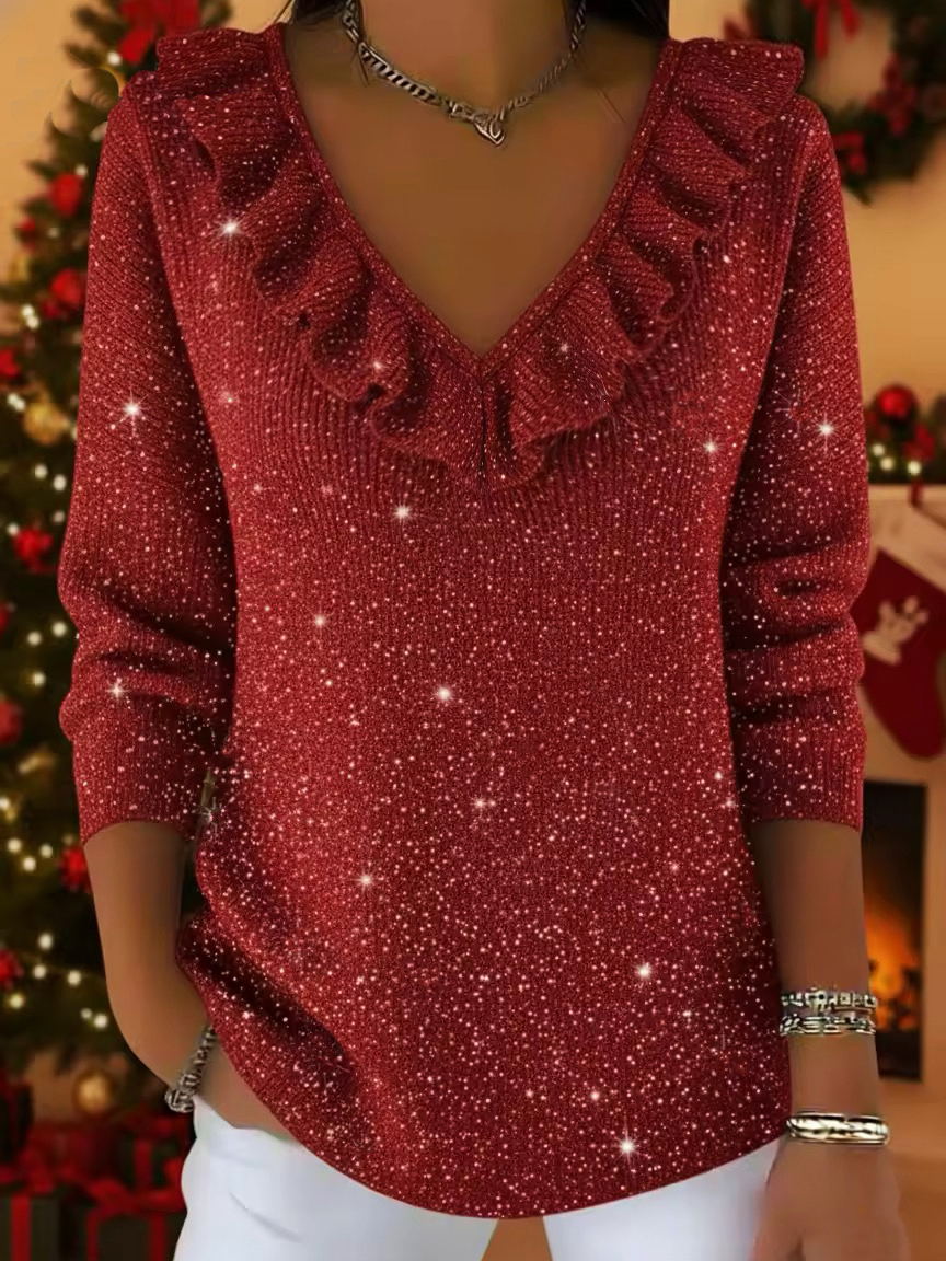 Christmas Elegant V-neck Ruffled Sparkly Sweater Top