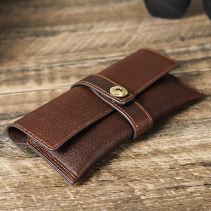 Men's Portable Handmade Top Layer Cowhide Magnetic Buckle Glasses Storage Bag 