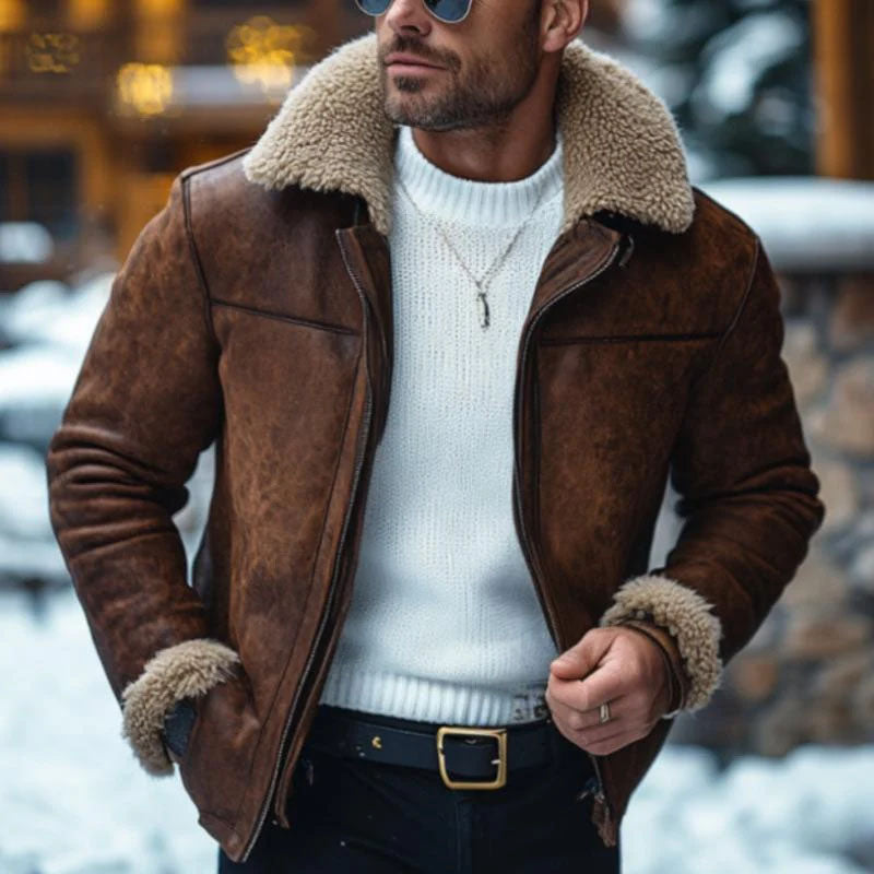 Men's Vintage Leather Lambswool Patchwork Warm Lapel Zipper Coat 