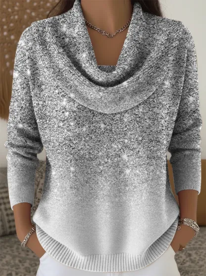 Women's Silver Sparkling Gradient Art Print Cowl Neck Sweater