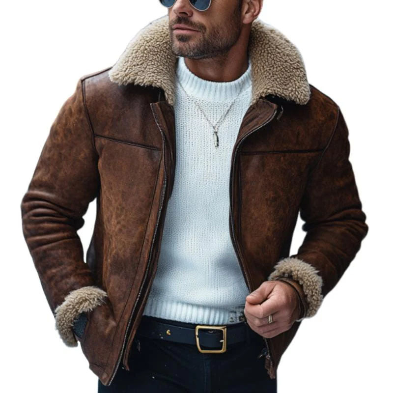 Men's Vintage Leather Lambswool Patchwork Warm Lapel Zipper Coat 